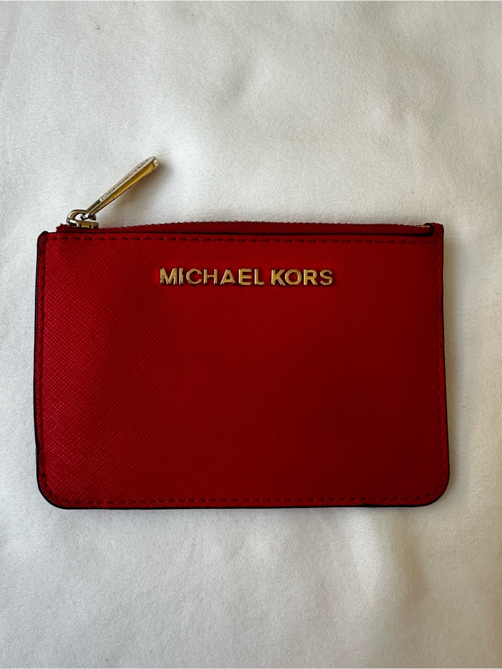 MICHAEL KORS Red Saffiano Leather Zip Coin Purse Card Holder ID Wallet Gold